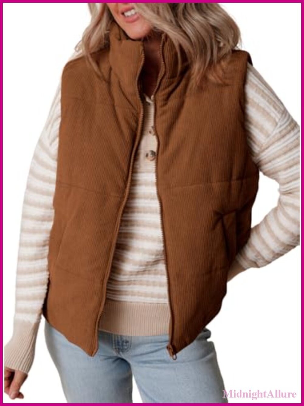 Corduroy Puffer Vest Sleeveless Quilted Zip Jacket Fall Winter Outdoor